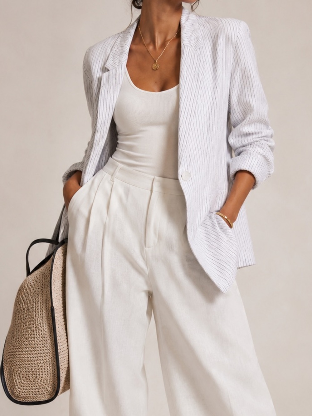 Christian Siriano 100% Linen Single Button Pinstripe Nautical Blazer Large